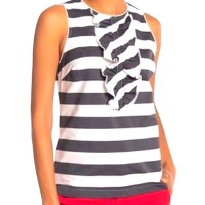 Trina Turk Evergreen Black and White Striped Ruffle Front Top Size Small